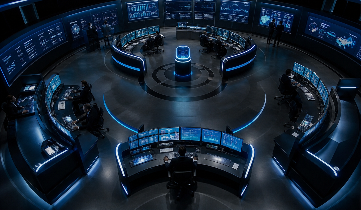 Sala de controle com agentes de IA operando os setores da empresa